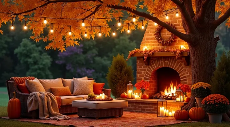 "A cozy outdoor autumn scene set under a large tree with vibrant golden and orange leaves. String lights hang above, casting a warm glow over the area. A rustic brick fireplace with a gentle fire crackles, surrounded by pumpkins, candles, and fall foliage ...