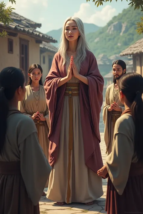 Loona, now older and respected, blesses village ren who look up to her with admiration. The ren are dressed in simple attire, and the scene reflects her status as a beloved elder