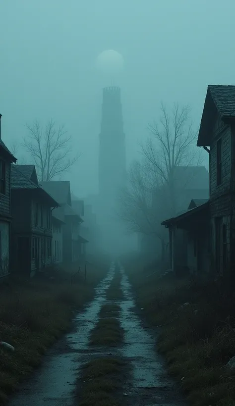 A panoramic view of a deserted village at midnight, shrouded in thick fog, with dilapidated houses and an eerie stillness.