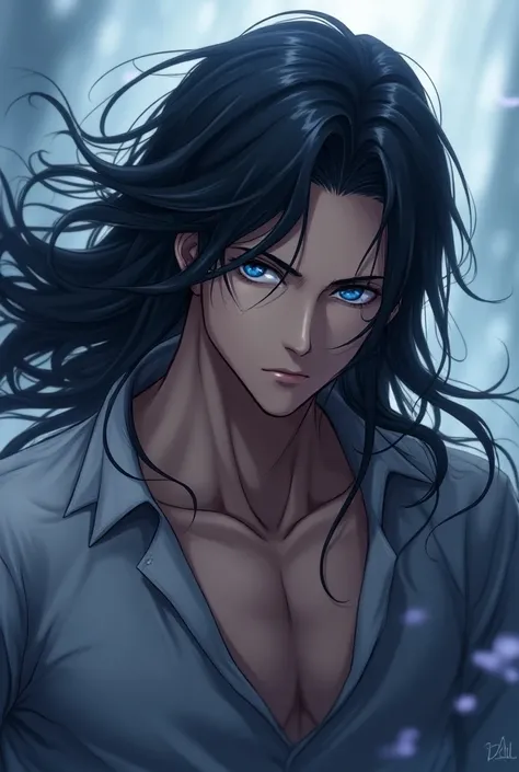  Man with long black hair, blue eyes, high, muscular, White skin and handsome anime 