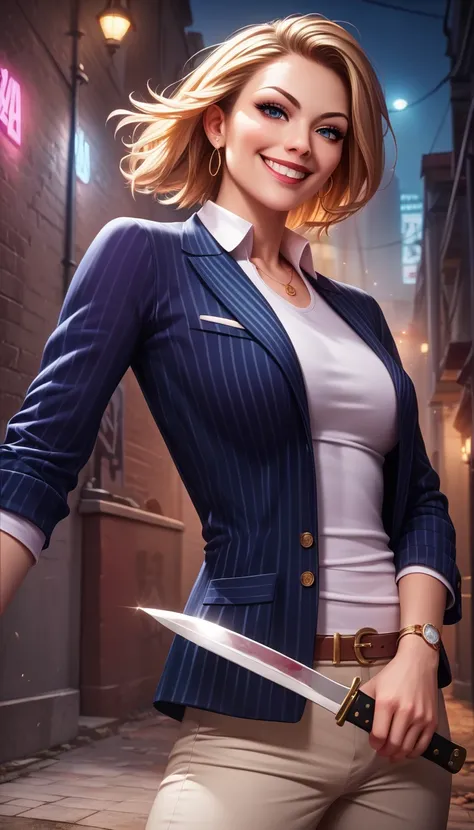 ((A female agent wearing a wine-colored striped suit opens her jacket to reveal a myriad of knives stored in her pocket)), ((Highly detailed CG wallpaper)), ((Masterpiece, high resolution, highest quality, highest quality real texture skin, ultra-realistic...