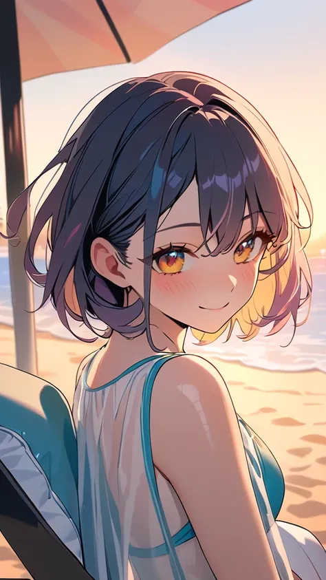 1 girl, ( cute face),  Short Hair, Hold a parasol, strings bikini,  see-through beach cover up,  medium chest, Gentle smile, 優雅な姿勢  
break, Soft Light, ( bright colors:1.4), Light Tone,  Fun Vibes , A pleasant breeze,  
break,  beach chair, The sound of wa...