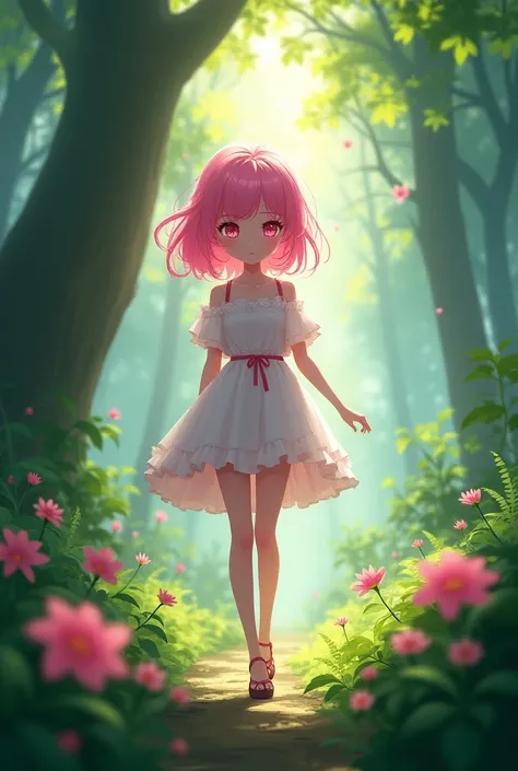 girl with pink hair and a stylish dress walks into the forest and gets lost mysteriously, her eyes are pink. Medium length hairstyle Anime