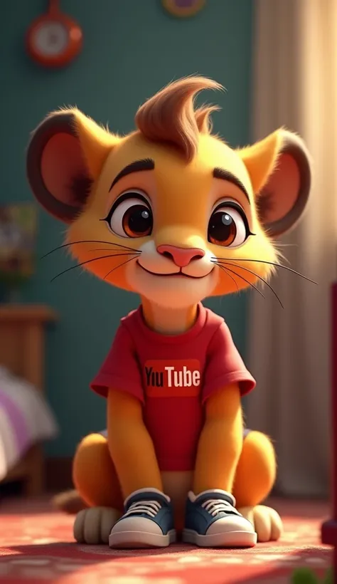 A male baby lion named kittu,    4-month-old male baby lion, with light brown fur and a tuft of darker hair, wearing a red t-shirt with YouTube logo and sneakers, looking excited yet nervous about filming a spooky video. Background: His bedroom with some s...