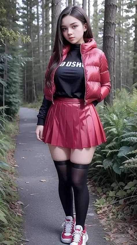 Mean curvy beautiful young schoolgirl ,  beautiful  teen face, short black silk skater skirt,   a young girl in a short black pleated skirt, wearing in a red puffer short shiny puffer, brunet long hair,  beautiful eyes, black stockings,  sneakers on high p...