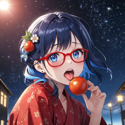 (best masterpiece, high resolution:1.5), (8K, RAW photo, fisheye effect, perfect anatomy, golden ratio:1.3), professional photo, pointillism, gaze, lone Japanese idol, (realistic:0.5 ), (Eating a very small tomato: 1.5), (Tomato pattern, red yukata: 1.5), ...