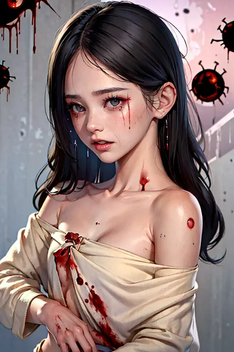 (Best Quality),Highly detailed,Super detailed, 1 girl, (beautiful girl),((Baby Face)), ((High school girl)), (Dark atmosphere), (Dim lighting), (( sexy)),( small breasts),Black Hair, bob cut , (Completely naked), Halloween , (( zombie cosplay)),(((Zombie M...