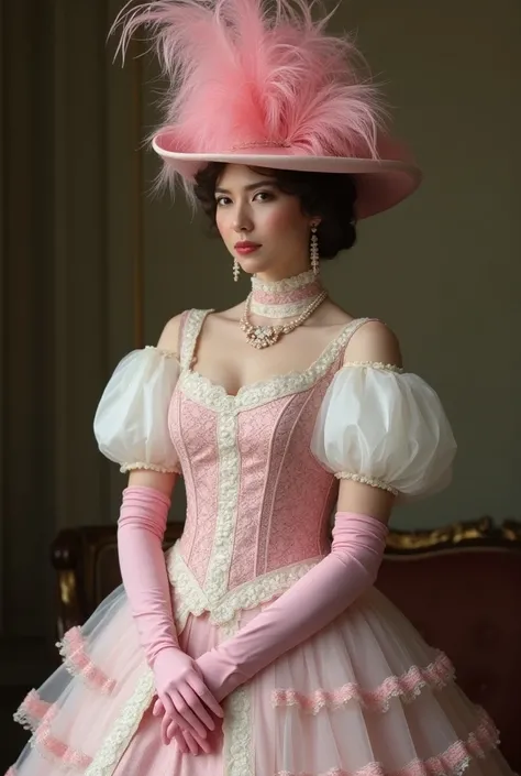 "Create a hyperrealistic, full-body cosplay of an elegant catrina, low-cut Edwardian-style womans dress from 1900-1910 with a wasp waist silhouette. The dress should be in shades of pink and white, featuring a flowing skirt with detailed lace, embroidery, ...