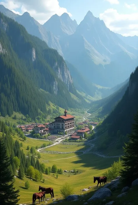 the mountains are covered with spruce, Maple, spruce forests. wide is a Turkish very big village located in the Valley. wide fields, horses passed by. There is a school in the centre of the village.