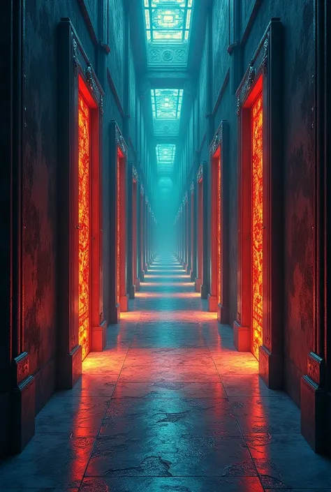 an infinite corridor with endless doors, each leading to different dimensions, surreal atmosphere, mysterious lighting, intricate door designs, fantasy art, high detail, vibrant colors, perspective distortion