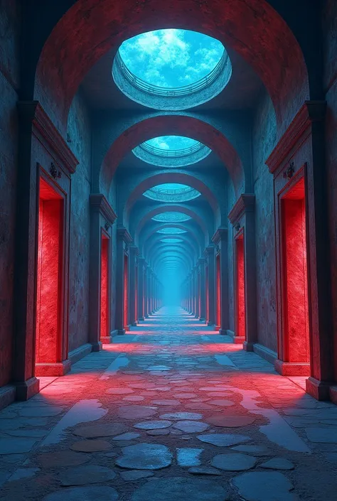 an infinite corridor with endless doors, each leading to different dimensions, surreal atmosphere, mysterious lighting, intricate door designs, fantasy art, high detail, vibrant colors, perspective distortion