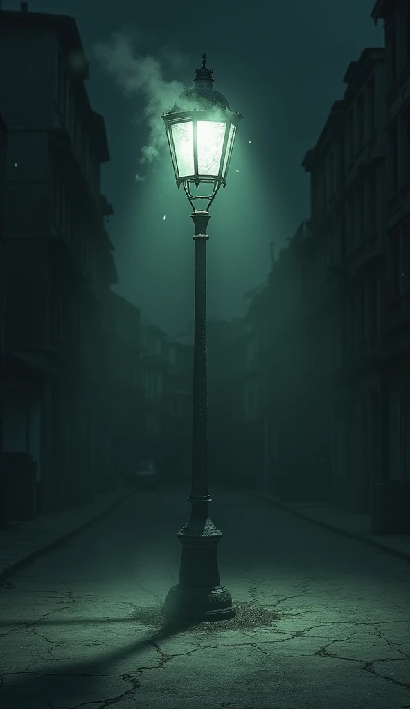 An old, cracked street lamp flickering, casting dim light and creating long shadows, adding to the haunting vibe.