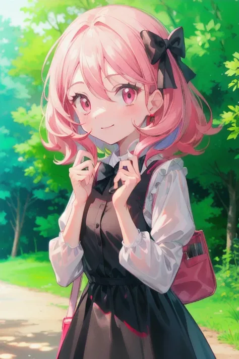 1girl, solo, pink hair, outdoors, dress, hair bow, bow, long sleeves, forest, smile, nature, looking at viewer, bag, black bow, tree, shirt, white shirt, long hair, pink eyes, closed mouth, black dress, puffy long sleeves, shoulder bag, blush, sleeveless d...