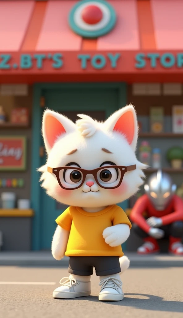  make a picture of a very cute white kitten standing wearing a yellow t-shirt ,  black shorts ,  and white jordan shoes , brown glasses on top of the head .  and a man in an ultraman costume squatting while opening an empty wallet.  place in front of the r...