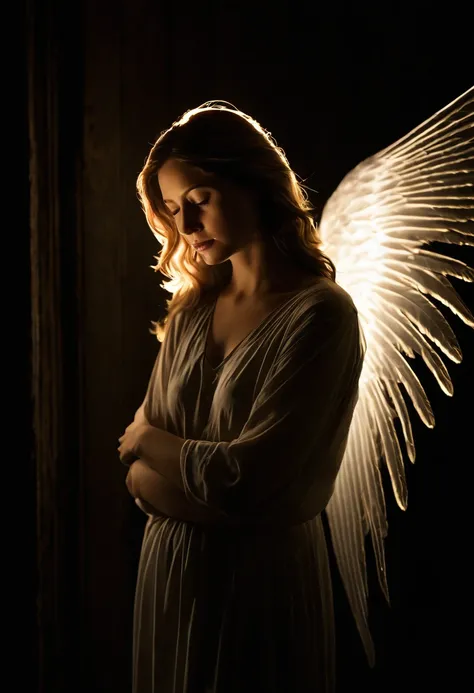 A serene angel with soft, glowing wings stands behind a . The scene is set in a dark, brooding setting, emphasizing the contrast between the angels light and the persons confusion. The angel comfortingly embraces the , radiating a sense of peace and hope. ...