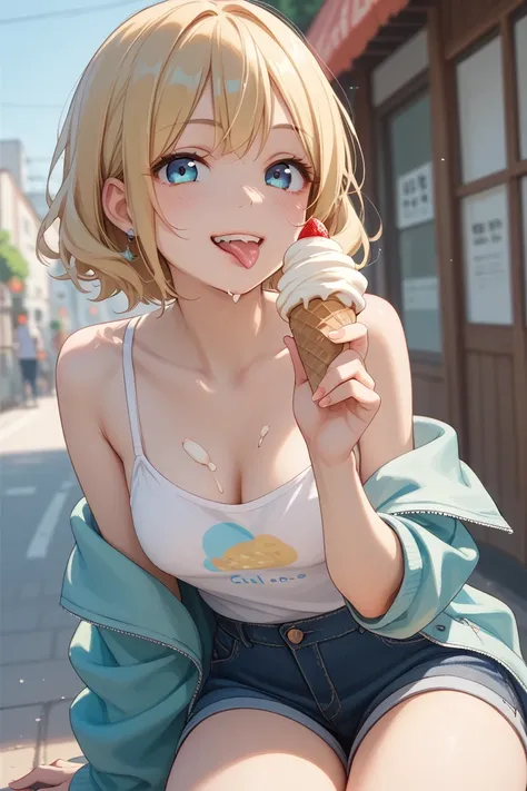  1 girl、Blonde、 normal breasts、slim、Idol、smile、Licking ice cream