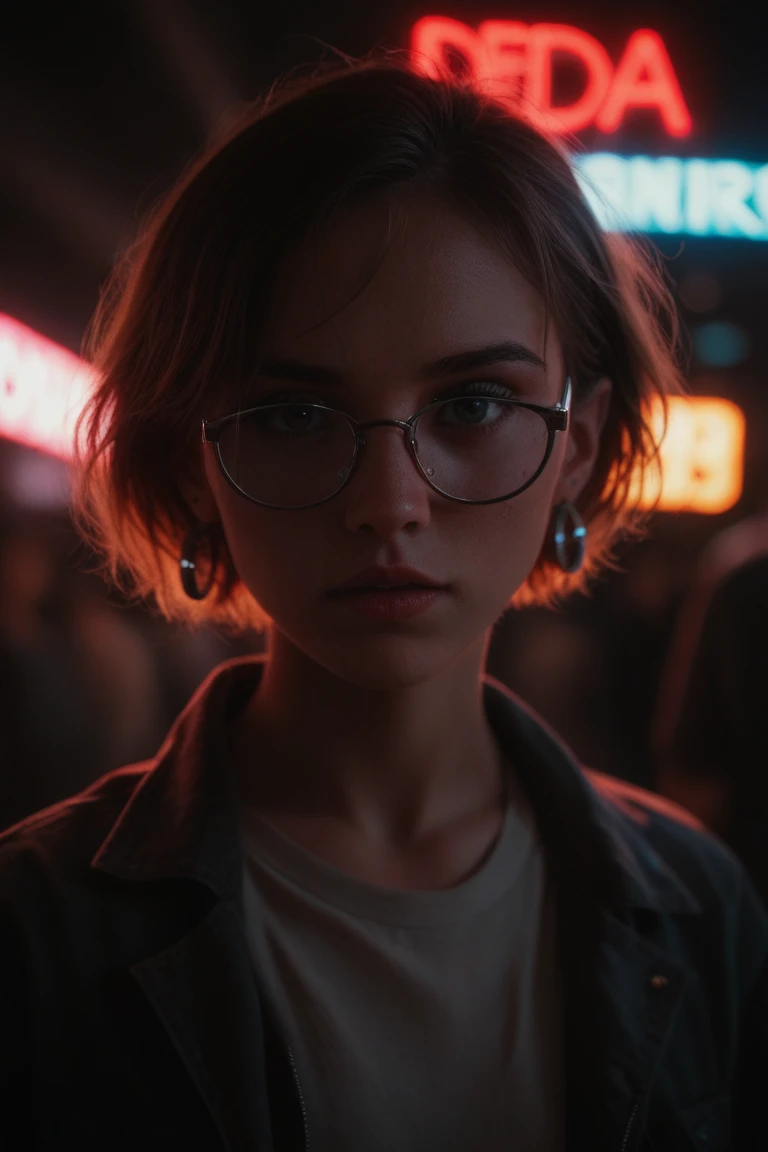  Alternative girl, desnuda, looking over glasses ,  neon light reflections on the skin , earring, make-up,  imperfections in the skin ,  short hair ,  neon light background , low light,  Depth of field ,  highly detailed ,  high contrast,  film grain ,  ed...