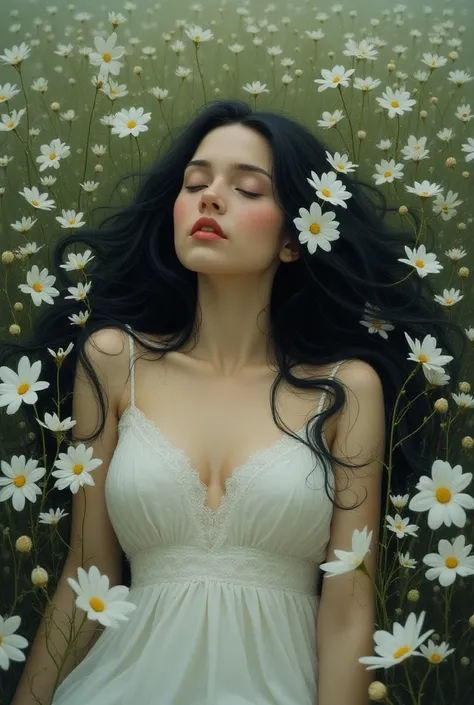  (oil painting:1.5),

a woman with long black hair and white flowers in her hair is laying down in a field of white flowers, (amy sol:0.248), (stanley artgerm lau:0.106), (a detailed painting:0.353), (gothic art:0.106)