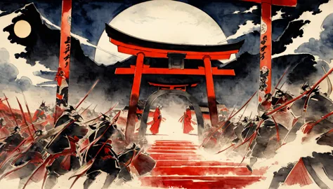 a dramatic scene of a large torii gate at a traditional shrine standing as the boundary between heaven and hell, boundaries have...