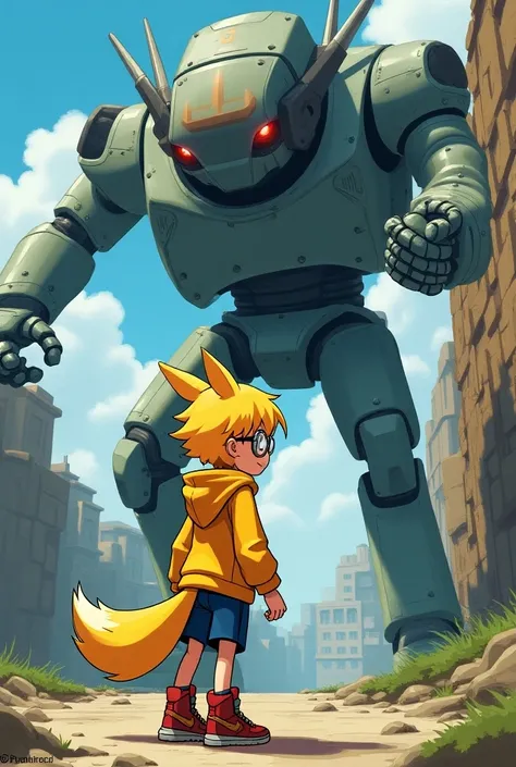 Capa de jogo de playstation 2 chamado "piás Legends" with square graphics from a company called  "T.d.p" with a yellow-haired boy with yellow fox ears with a yellow sweatshirt a Nike Jordan sneaker with round glasses afraid Fighting against a Giant Robot