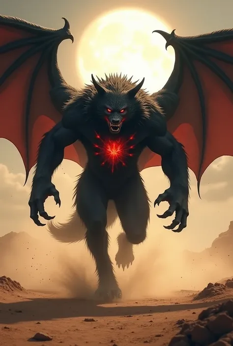 A dynamic scene of a powerful, red-and-black werewolf-like creature with massive, bat-like wings spread wide, charging forward across a dusty, open landscape. The creature has a muscular, defined build with a fierce, intimidating expression and sharp claws...