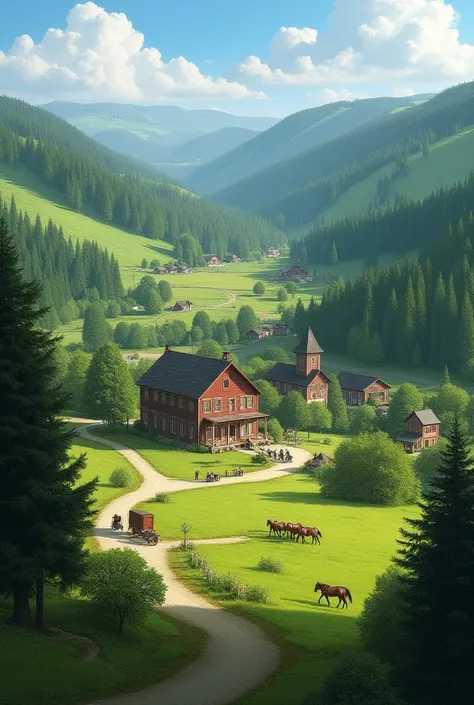 the mountains are covered with spruce, Maple, spruce forests. Very wide is a big village located in the Valley. wide fields, horses passed by. There is a school in the centre of the village.