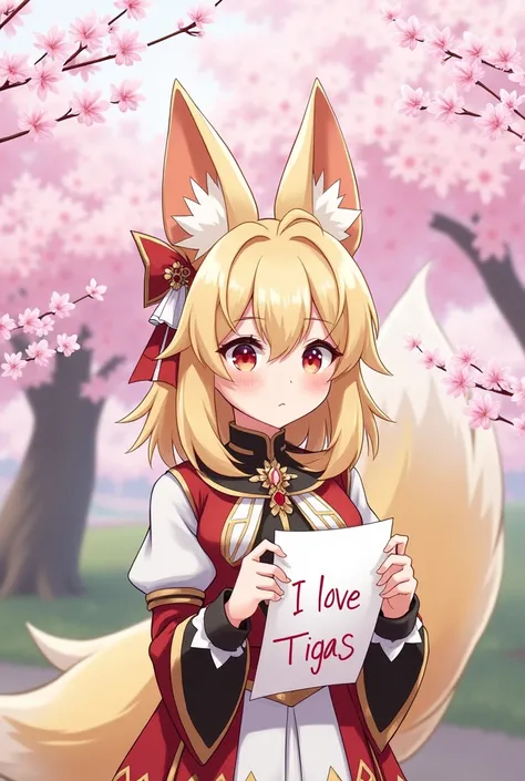 Yae Miko de Genshin Impact,  with your most used clothes ,  has a paper, What is written  "I love Tigas ",  near the Sakura tree