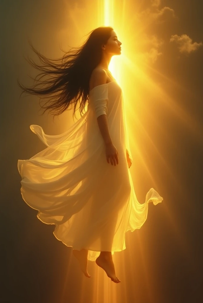  Woman like a being of light with black hair and full body  .  tunic is dressed in a white robe that floats slightly as it ascends.  A golden glow surrounds her ,  emitting a warm light that gently illuminates the environment .  The light seems to emanate ...