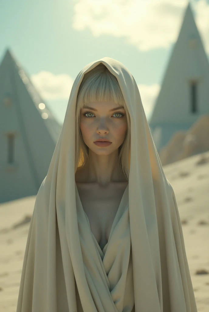 Make an ultra realistic 3D dimensional being with a beautiful physiognomy based on humans, light eyes, pale skin, with cloak and hood staring at the screen with a confident look, with an extraterrestrial spaceship behind him, with a slight light coming fro...