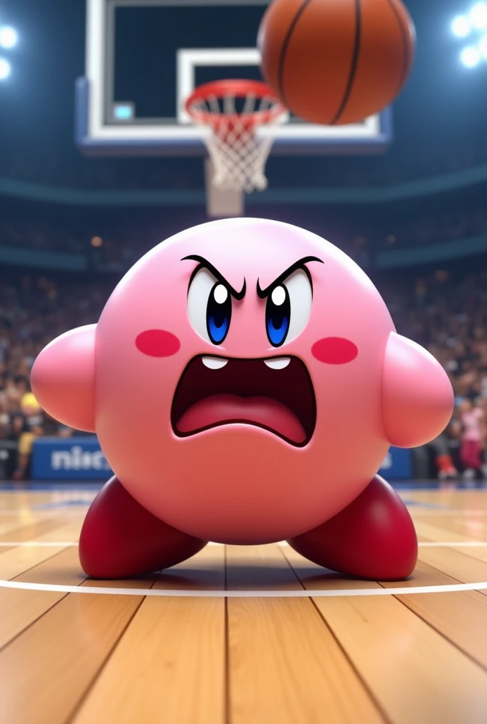 I want you to generate an image of an angry Kirby scoring a goal in a bastek ball basket
