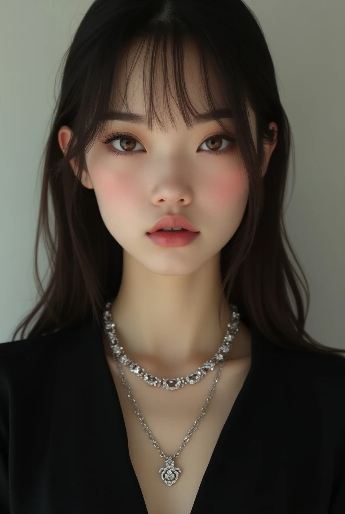  Creates a realistic image of a 16-year-old girl with fine features and a jacket look .  That she has very light amber eyes ,  her skin is white and her hair is dark brown ,  Long and straight .  That she has thick and shaped eyebrows ,  long eyelashes , p...