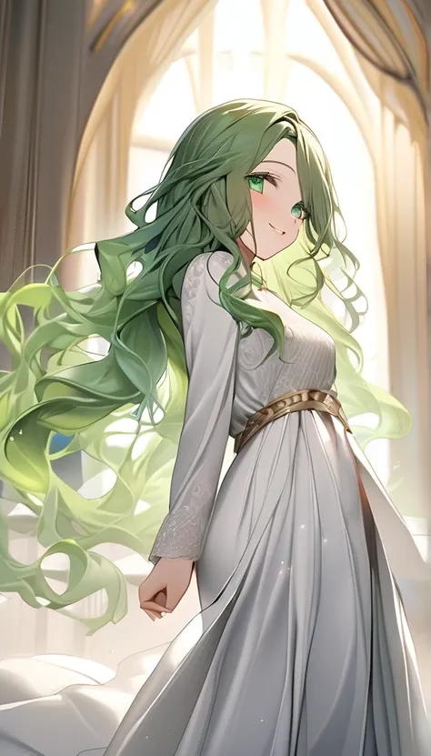 Best Quality、masterpiece、nsfw、1 girl、whole body、Woman with light white clothes 、 Long Sleeve 、Dense lace、 look up 、 Beautiful green eyes、 elegant vibe 、Soft light、 smiling with long green wavy hair,  turn your gaze , 