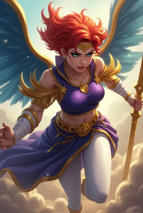  Warrior woman with short flaming red hair and gold on the tips  , their eyes are teal with shades of red mixed with red and shine with a (armor)  her bib is violet and she wears pants  (bright white olgados )  emanates a golden aura from her and she has a...