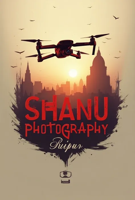 Shanu Photography" at the center in bold, elegant font. With red colour 
Raipur beneath in a smaller, complementary font.
Camera icon to the left or right of the text.
Drone flying over the text or as part of the background design.
PC symbol subtly integra...