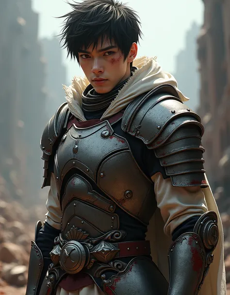 A young anime-style man, detailed facial features, broken armor, covered in blood, dramatic lighting, cinematic composition, fantasy, post-apocalyptic, gritty, (best quality,4k,8k,highres,masterpiece:1.2),ultra-detailed,(realistic,photorealistic,photo-real...