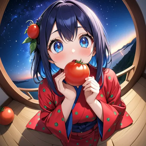 (best masterpiece, high resolution:1.5), (8K, RAW photo, fisheye effect, perfect anatomy, golden ratio:1.3), professional photo, knee shot, pointillism, gaze, lone Japanese idol, ( Real: 0.5), (Eating a very small tomato: 1.5), (Tomato pattern, red yukata:...