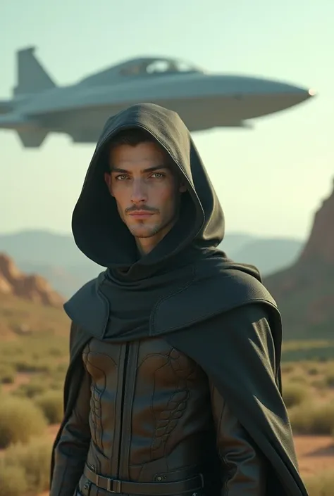 Make an ultra realistic 3D male dimensional being with a beautiful human-based physiognomy, light eyes, pale skin, with cape and hood looking at the screen with a confident look, with an extraterrestrial spaceship behind him, with a slight light coming fro...