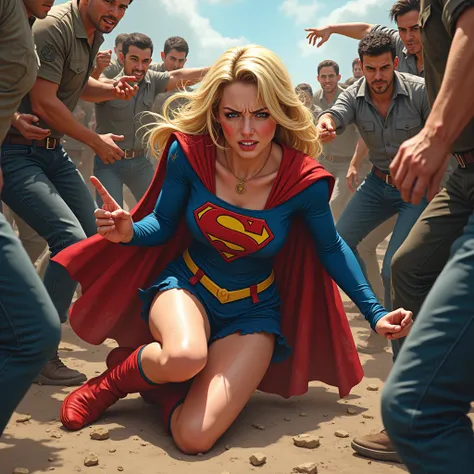  Supergirl。A horde of bandits 。 hordes of men attack her。She can touch her body。 she falls to the ground 。She looks aggrieved 。Shes full of wounds 。 men hurt her。Men flocking to her body 。She is besieged。 she has a lot of exposed skin 。pain, chest,  high q...