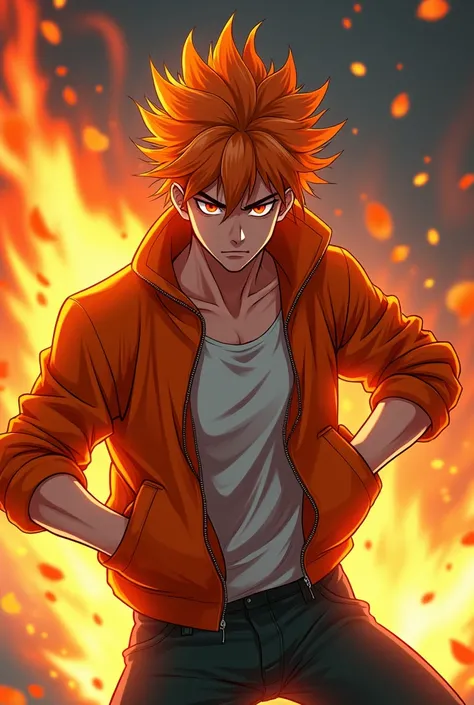 An anime lean male,  orange hair, red eyes, orange zip up jacket, fighting stance, fire powers