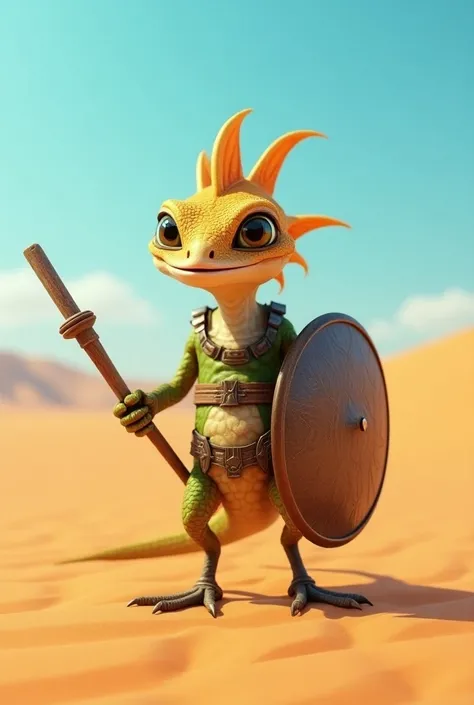 A cute reptilian lark ,,  holding a wooden stick with a nail ,with armor and a shield  ,In 8K HD realism.in the middle of the desert 