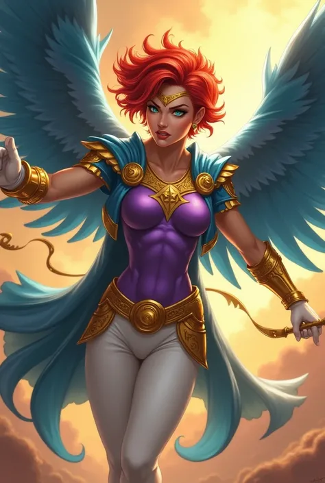  Warrior woman with short flaming red hair and gold on the tips  , their eyes are teal with shades of red mixed with red and shine with a (armor)  her bib is violet and she wears pants  (bright white olgados )  emanates a golden aura from her and she has a...