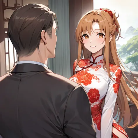 The woman who is a member of the Chinese Communist Party physically and mentally is Yuki Asuna with beautiful bright brown hair, wears a gorgeous and attractive Chinese dress that is a member of the Chinese Communist Party, pledges absolute loyalty and lov...