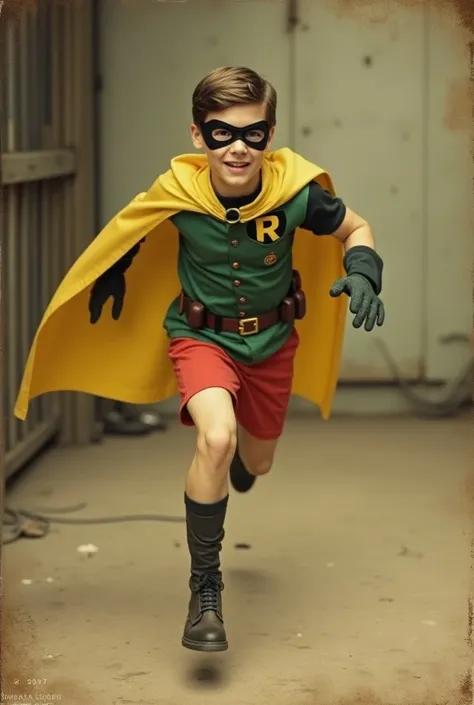 vintage photo of a sidekick with robin-inspired green yellow red costume in a modest version, in action, 