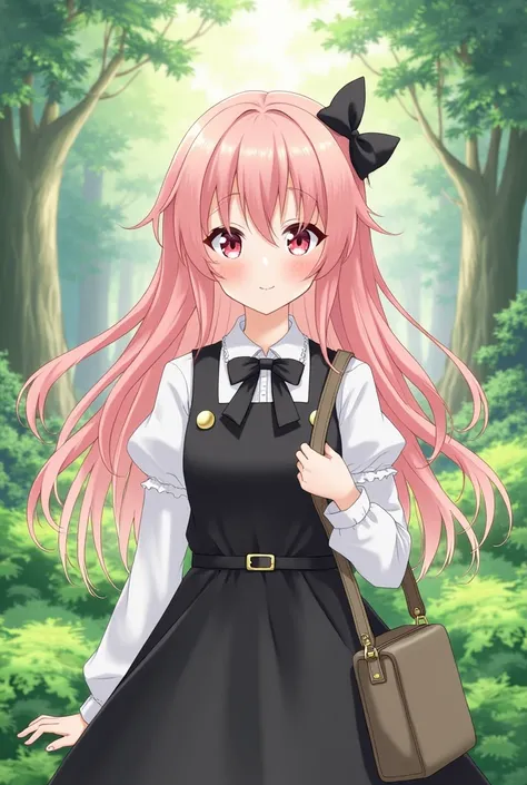 1girl, solo, pink hair, outdoors, dress, hair bow, bow, long sleeves, forest, smile, nature, looking at viewer, bag, black bow, tree, shirt, white shirt, long hair, pink eyes, closed mouth, black dress, puffy long sleeves, shoulder bag, blush, sleeveless d...