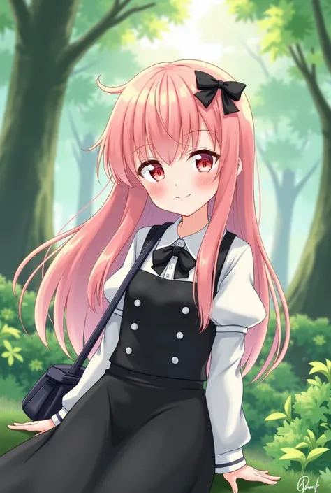 1girl, solo, pink hair, outdoors, dress, hair bow, bow, long sleeves, forest, smile, nature, looking at viewer, bag, black bow, tree, shirt, white shirt, long hair, pink eyes, closed mouth, black dress, puffy long sleeves, shoulder bag, blush, sleeveless d...