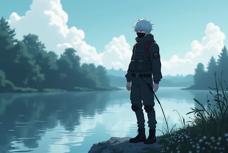  Teenage male anime style,  white hair , red eyes, red lock, black tactical clothing,  looking up at the sky , with wounds, with black mouth cover, Of lying on the bank of a river, in the morning
