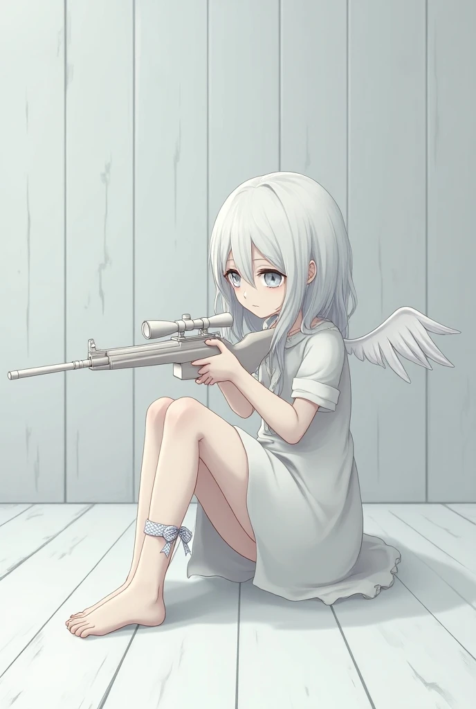 `profile,    Drowning , small mouth, white plaid dress, Long hair, White hair, White hair카락 한 가닥 서 있음,  small white eyebrows, small neck , white eyes, small eyes, dead eyes, I have a white sniper rifle in my hand , small stature, small hands, thin hands, s...