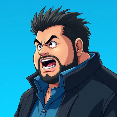 Fat man, black eyes,  straight black hair up, fat face, with beard and mustache, eyebrows together, black and blue jacket, looking from the side surprised , blue background,  ANIME STYLE Pokémon ,  Best quality ,  high resolution , extremely detailed, mast...