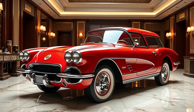 "A luxury showroom showcasing a three-quarter angle view of a classic red Chevy Corvette SUV styled as an old muscle car. The SUVs retro front grille, muscular side profile, and chrome accents are in focus. The showroom’s marble flooring and vintage lighti...