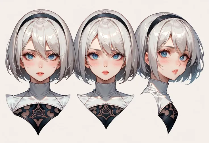 character sheet desing lady 2b from nier automata, only head. beauty face, perfect proportion, beauty, ultra detailed face. view...